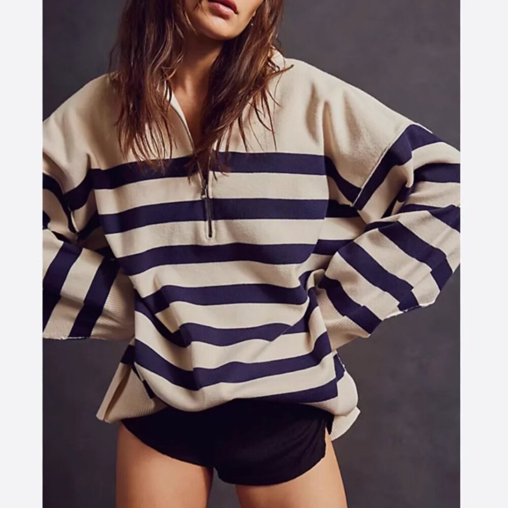 Free People Striped Crew Neck Sweater - Navy and Cream